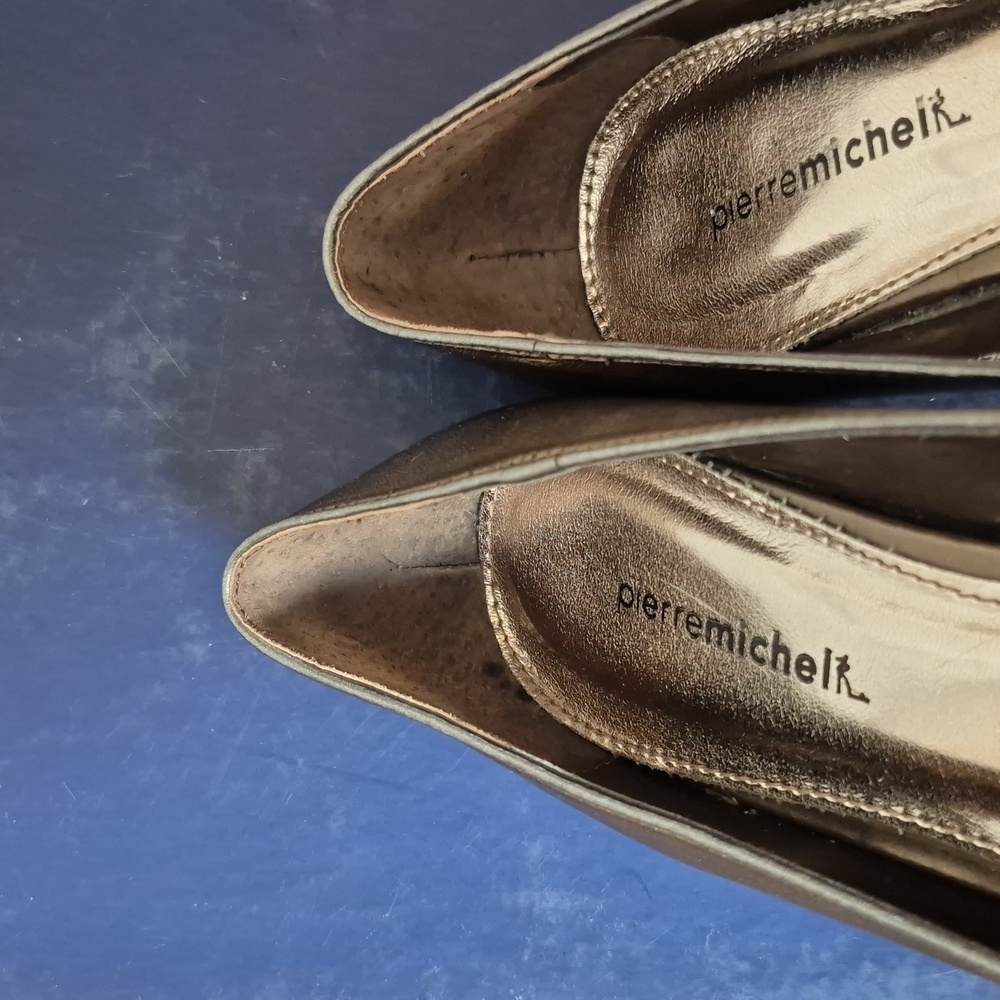Pierre Michel Bronze Metallic Leather Peep Toe Wedges, Size 37 - Picture 12 of 15